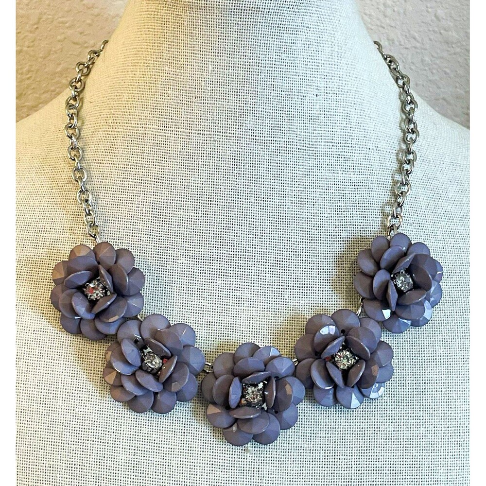 The Limited Lavender Gray Flower Rhinestone Bib Chain Necklace